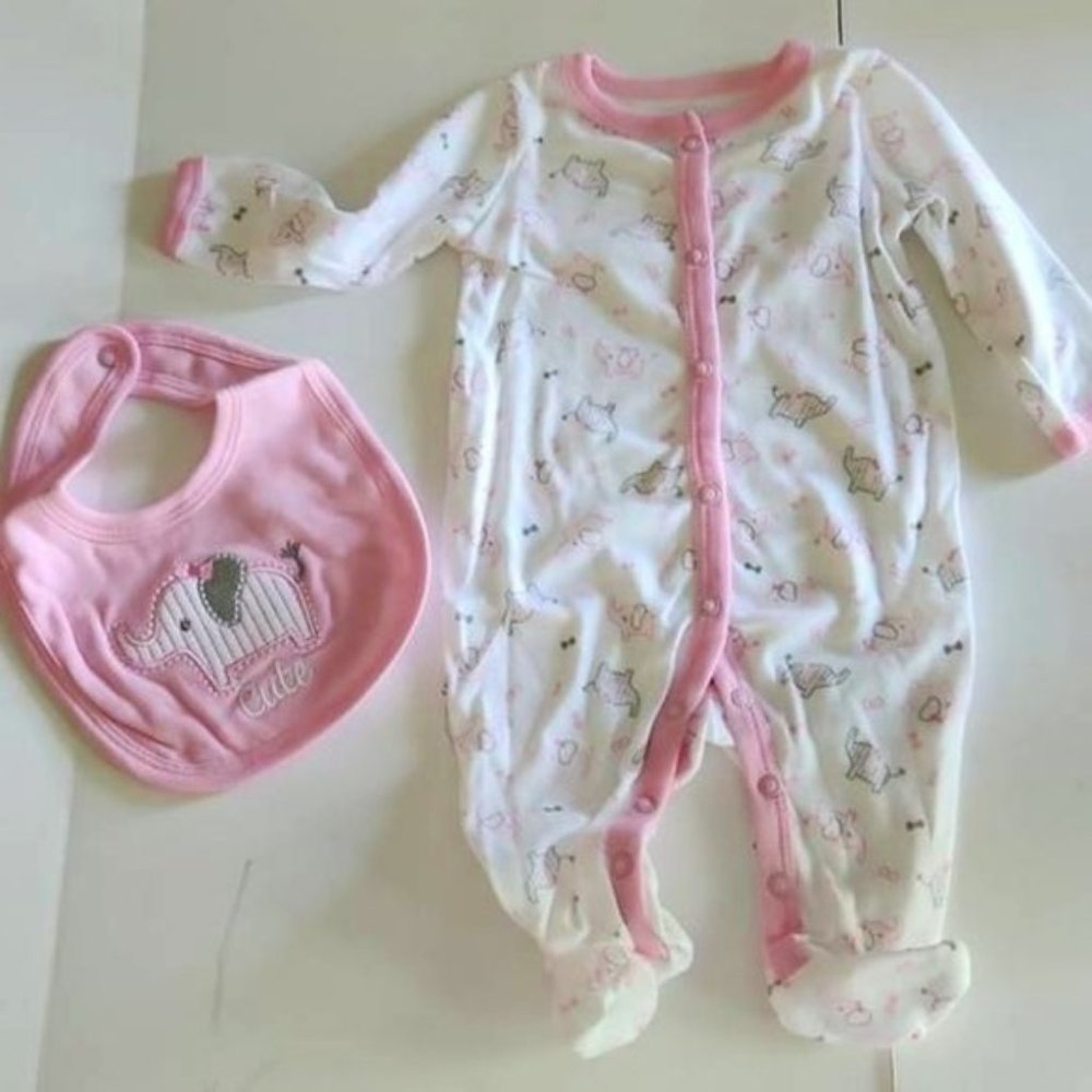 NEW 2 Piece Set Pink / White Cotton Sleep & Play Bodysuit & Matching Cotton Bib